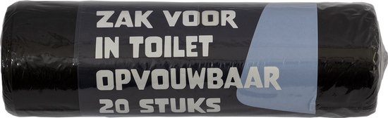 Rol met 20 zwarte, opvouwbare toiletzakken van Happy Rhino, met grijze bedrukking.