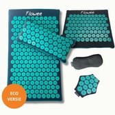 Flowee Relaxset PRO - Spijkermat ECO, spijkerkussen, spijkermat klein & - massagehand + Oogkussen - Grijs met zeegroen - Vulling Kokosvezels & Boekweitkaf & Lavendel (77x45+22x44cm) - Acupressuur Mat - Spijkerbed - Shakti Massage - Vijf jaar Garantie