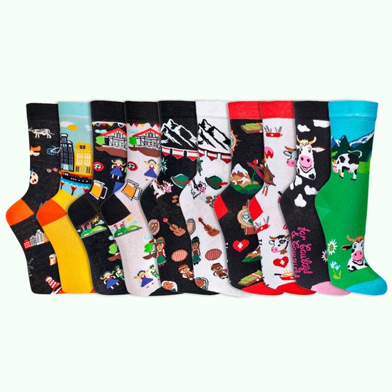 Voordeelbundel damessokken 36-41 | 10 paar | Grappige sokken | Vrolijke sokken | Happy socks printjes | Thema's: 5x Landen | mismatch sokken | drukvrije teennaden