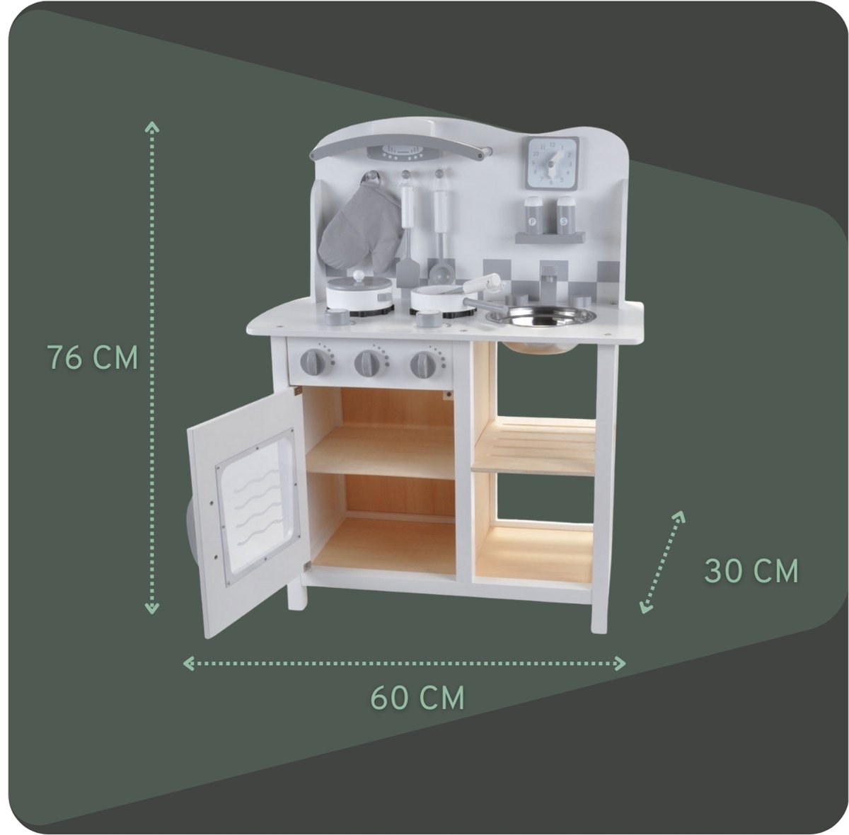 Bandits & Angels Houten Kinderkeuken Chef Deluxe White vanaf 2 jaar voor Jongens en Meisjes - Aanrechthoogte 46 cm - incl. 8 Accessoires - Kinder Keuken Wit - Keukentje Hout — afbeelding 4