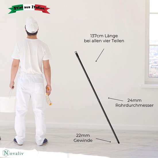 Novaliv 5X Veelzijdige Premium Schroefbezemsteel 137 cm - 2,6 cm Stabiel Duurzaam Zwart Verstelbaar 137 cm tot 94,5 cm Perfect voor vegen, schrobben en ramen lappen Hoogwaardige metalen constructie van Novaliv — afbeelding 2