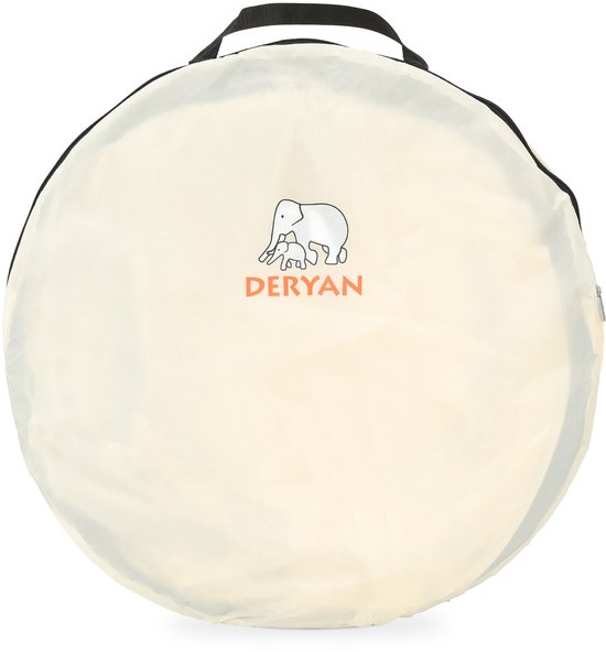 Ingeklapte crème-kleurige Deryan strandtent met olifantlogo, klaar om te dragen.