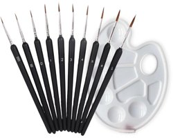 VoordeelShop Penselenset van 10 kwasten - Gratis Palet - Aquarel, Waterverf, Acryl, Olieverf – Penselen Schilderen – Penselen set - Verfen - Dunne kwast - Fine detail - Modelbouw - Miniatuur - Schmink - Carnaval