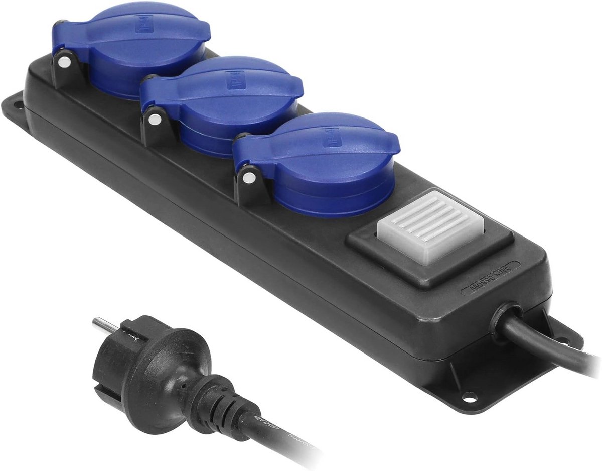 Waterdichte Verlengkabel met 3 Stopcontacten en Schakelaar - IP44 Rubber Kabel 3m