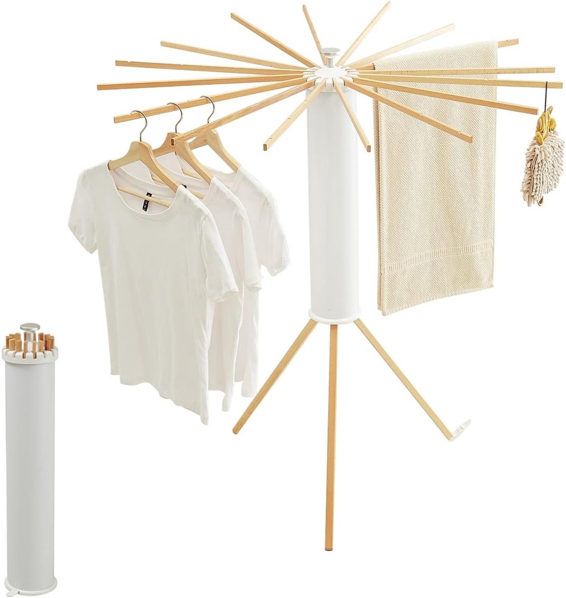 Dastium Home - Opvouwbaar Droogrek – Inklapbaar Driepoot Wasrek met 16 Armen – Ruimtebesparend Houten Droogrek voor Binnen & Buiten – Octopus Droogrek