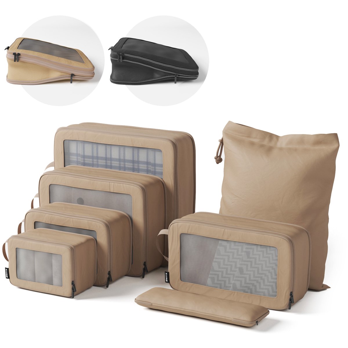ONYX® Compressie Packing Cubes - 7 stuks - Bagage organizers met compressie rits - Voor koffers en tassen - Beige