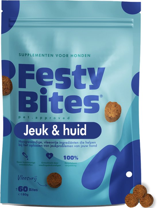 FestyBites Jeuk & Huid – Probiotica voor honden – 100% natuurlijk – Vleesvrij supplement – 60 bites – Dagelijkse verzorging vacht & huid