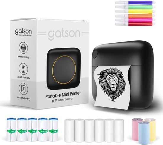 Gatson Mini Printer - 300DPI - Inclusief 14 Rollen Papier (Sticker, Normaal & Kleur) + 5 pennen - Mini Printer voor Mobiel - Pocket Printer - Mobiele Fotoprinter