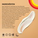 Ingrediëntenlijst van P20 zonnebrandcrème met witte crème-streep.