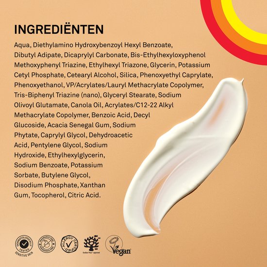 Ingrediëntenlijst van P20 zonnebrandcrème met witte crème-streep.