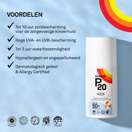 Voordelen P20 Kids. Tot 10 uur bescherming, hoge UVA/UVB, 3 uur waterbestendig. Dermatologisch getest & Allergy Certified.