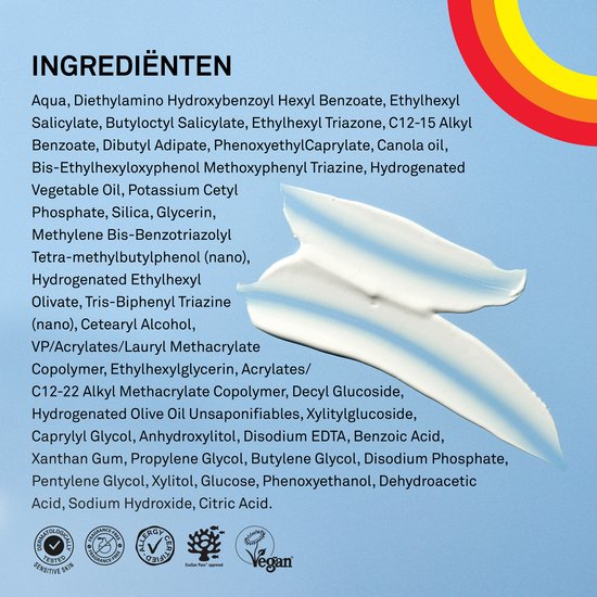 Ingrediënten P20 Kids crème met witte productvlekken. Vegan, Fragrance-free, UVA Superior.