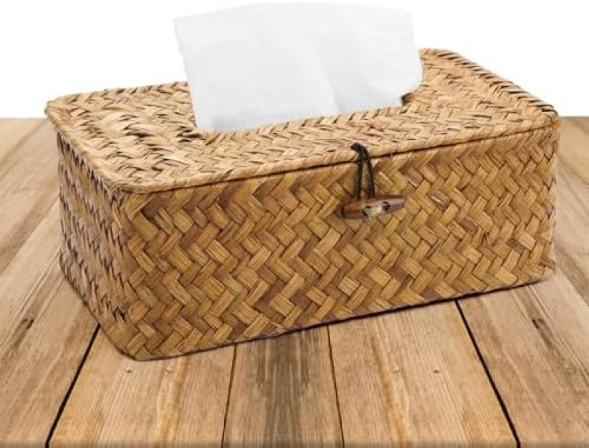 PolkaHome Rechthoekige Tissuebox van Zeegras - Handgeweven Decoratieve Papierhouder met Deksel - Opbergmand voor Eetkamer, Badkamer, Kantoor of Auto - 23x13x9 cm - Bruin