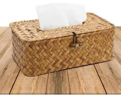 PolkaHome Rechthoekige Tissuebox van Zeegras - Handgeweven Decoratieve Papierhouder met Deksel - Opbergmand voor Eetkamer, Badkamer, Kantoor of Auto - 23x13x9 cm - Bruin