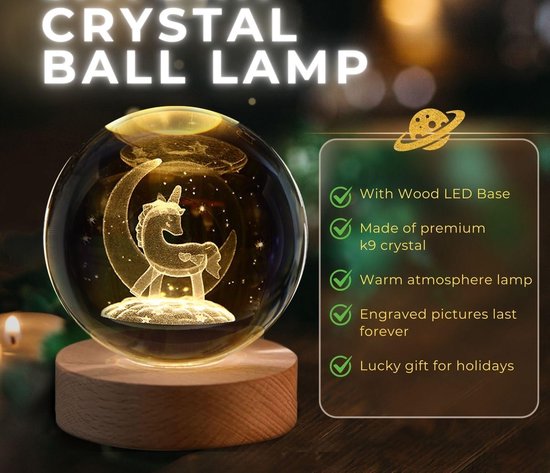 3D Kristallen Bal Nachtlampje - Unicorn - LED Glas Licht Hologram Lamp met Massief Houten Basis - Nachtlamp - Cadeau idee - Verlichting - USB aansluiting van Mazaico — afbeelding 4