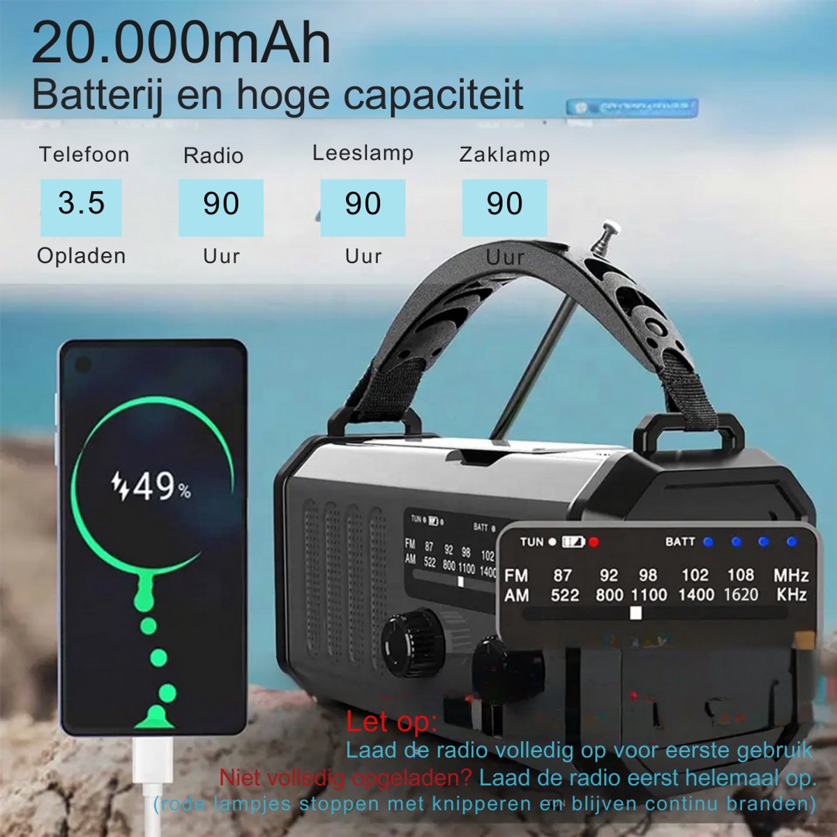 P-Repair - Noodradio - Opwindbare radio - Solar Opwindbaar - Powerbank Zonne-energie - 20.000mAh - Met zaklamp - USB oplader - USB-C oplader - Zwart – foto 4