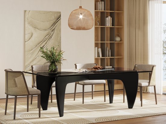Eettafel - Tafel - Zwart Hout - Glas - Eetkamertafel - Design Tafel