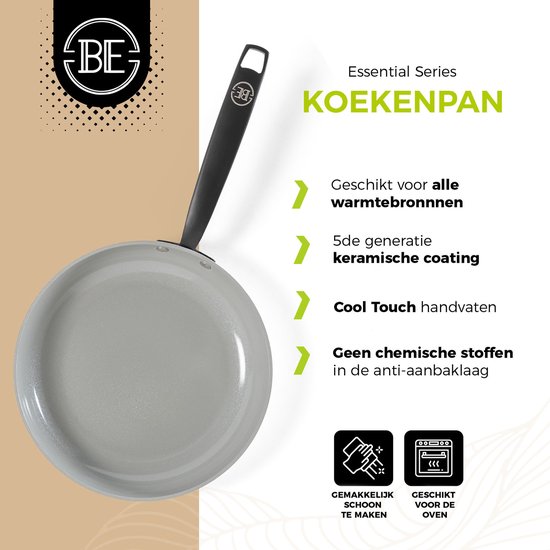 Grijze koekenpan Essential Series met zwarte steel. Keramische coating, Cool Touch handvat, PFAS vrij.