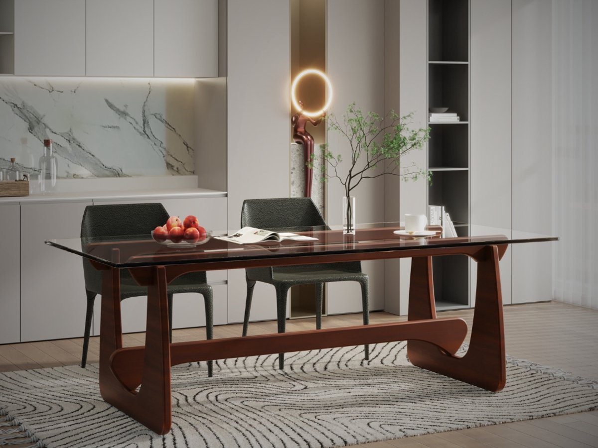 Eettafel - Tafel - Walnoot hout - Glas - Eetkamertafel - glazen eettafel - moderne eettafel - glazen tafel