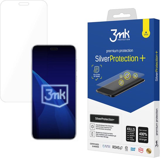 3mk SilverProtection+ Screenprotector voor Honor Magic 7 Pro. Verpakking toont een telefoon met een beschermfolie.