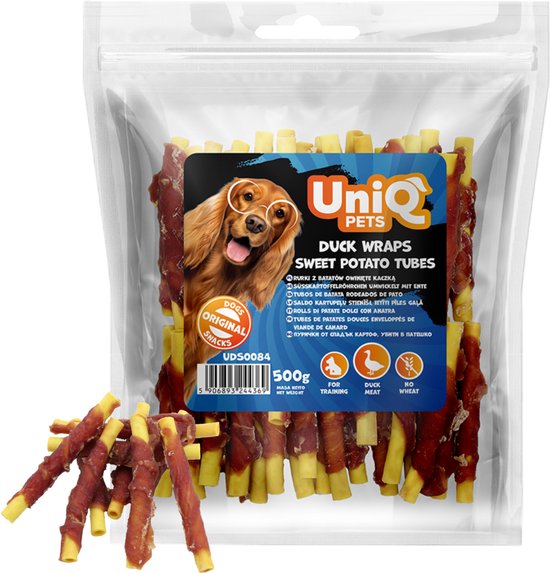 UniQ Pets Kauwstaafjes 50% Eend - 12.5cm - 500g - Hondensnacks - Gedroogd - Kauwsticks - Zoete Aardappel - Eendfilet