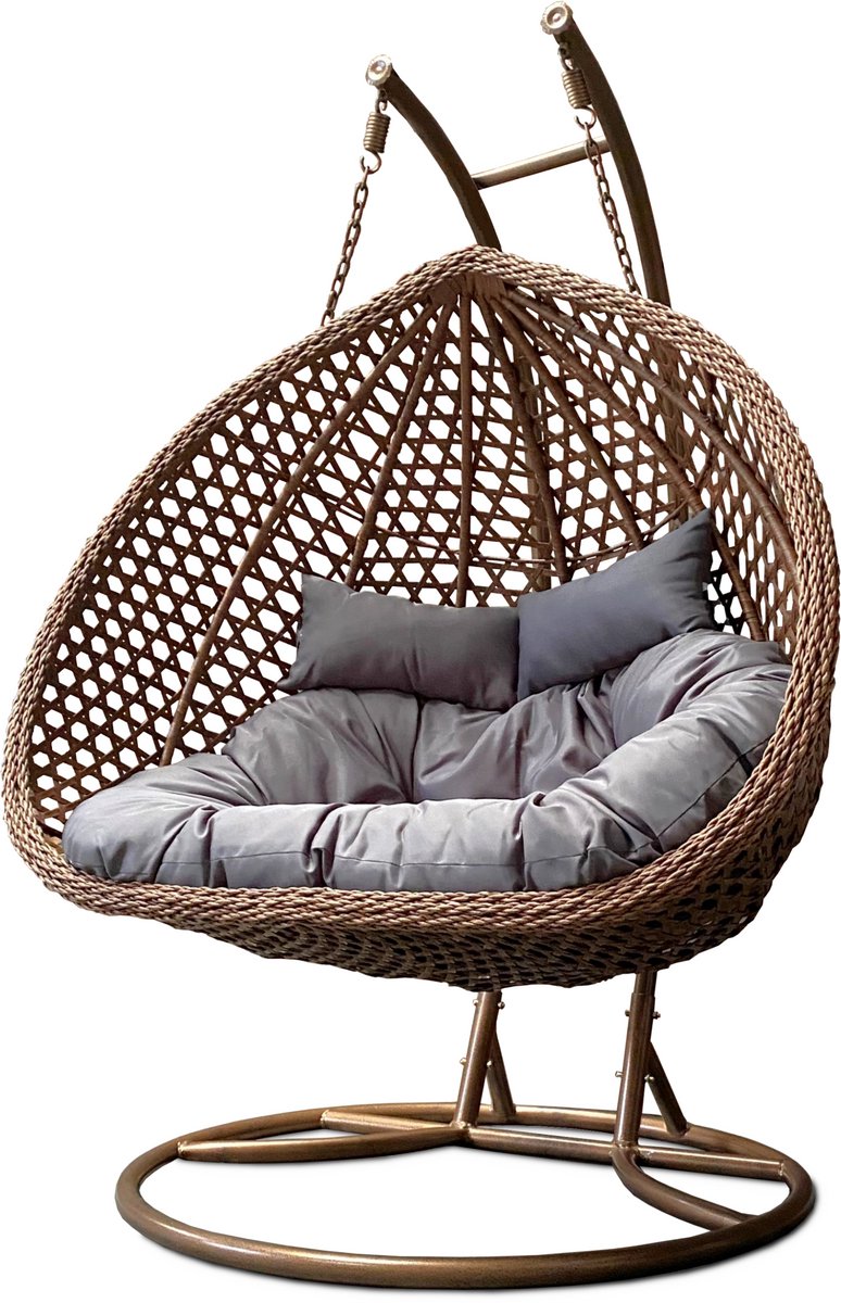 Rijoka Hangstoel Dubbel Eggy Rope Schommelstoel – Bruin Rattan - 2persoons - Donker Grijs kussen - Bruin Frame