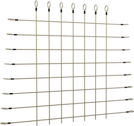 Een beige klimnet met zwarte afwerkingen, bestaande uit horizontale en verticale touwen die een raster vormen.