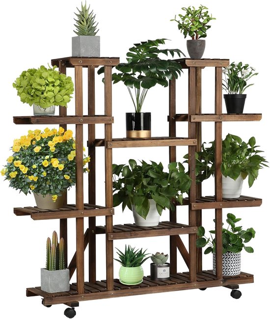 Foto: Suredeal houten bloemenrek met 9 niveau s wieltjes plantenstandaard voor balkon woonkamer tuin bruin
