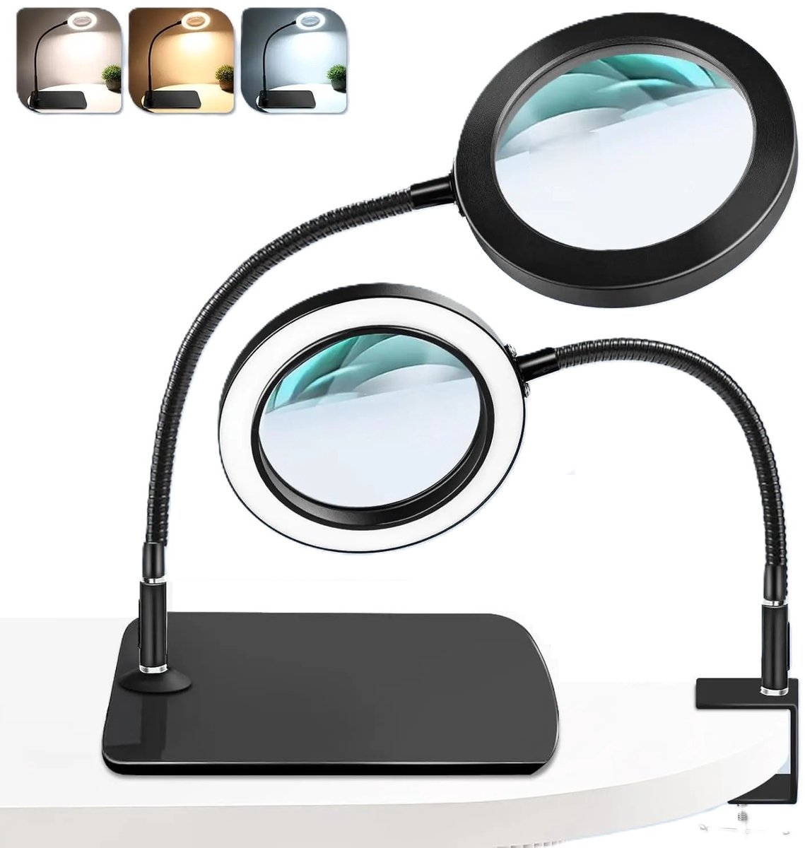 Lampen District® - Loeplamp met Led – Dimbaar & Verstelbaar – Met Klem & Zware Voet – USB – Borduurlamp - 5x zoom - hobbylamp