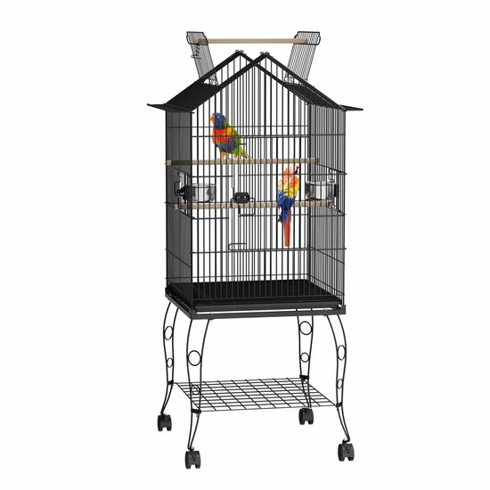 Aufun vogelkooi / volière – voor papegaaien en kanaries – met standaard en open dak – zwart – 55x55x145 cm