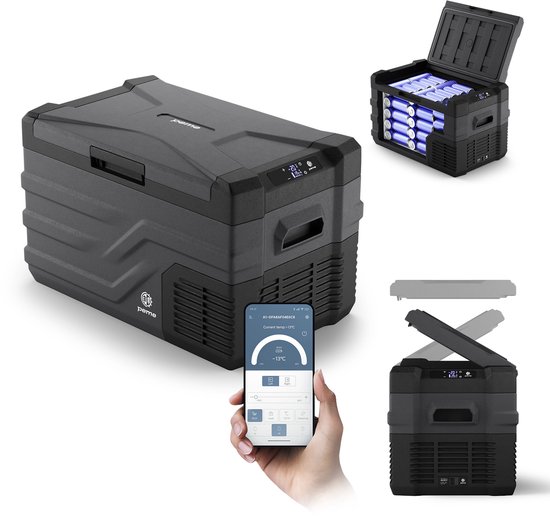 PEME Quest Elektrische Koelbox, 26.8 liter, 12V, 220/230 Volt AC/DC, Compressor Koelbox Aansluiting voor Auto en Camping, Thermo-elektrisch Frigobox - Dark Sky met Bluetooth 5.0 en Mobiele App, LCD-paneel en ECO-functie