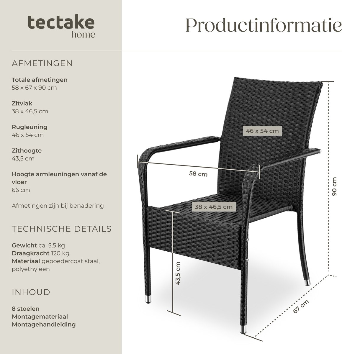 tectake® Tuinstoelen Girona - Terrasmeubilair - Set van 4 - Wicker Tuinstoel met Armleuning - Stapelbaar -Tuinset Stoelen voor Tuin, Terras of Balkon - Draagkracht 120 kg per Stoel - Verkrijgbaar in div. sets – foto 3
