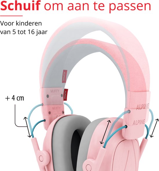 Gedetailleerde afbeelding van roze Alpine Muffy gehoorbescherming die de verstelbare maat aangeeft. Geschikt voor kinderen van 5-16 jaar.