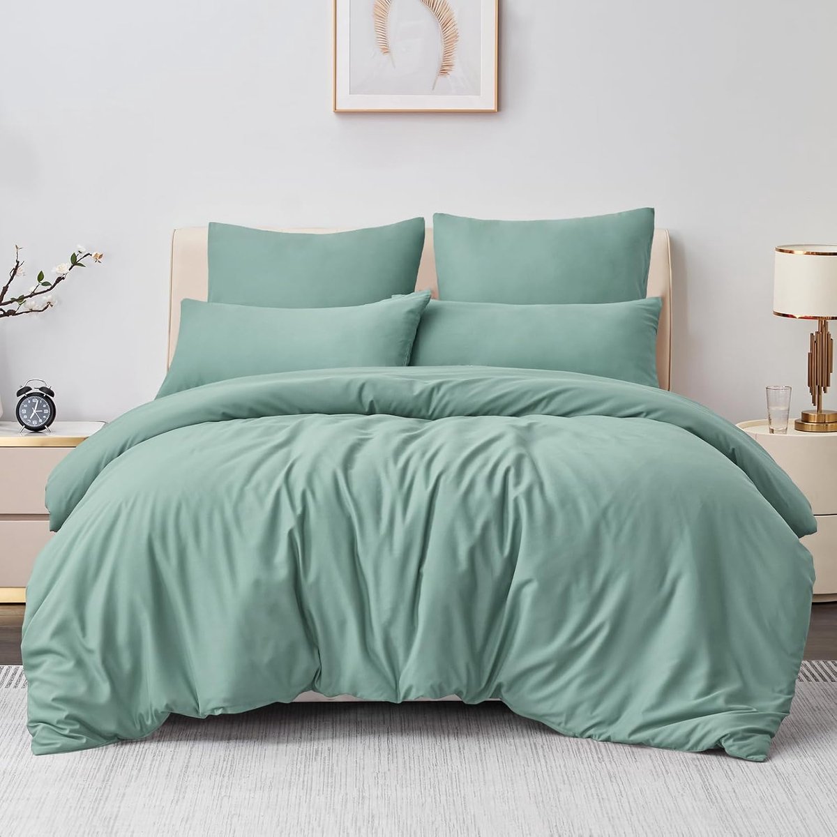 Famanu - Beddengoed 200 x 220 cm, 3-delig, saliegroen, dekbedovertrek 220 x 200 cm, 3-delig, met kussensloop 80 x 80 cm, Oeko-Tex, microvezel, met ritssluiting, zacht en strijkvrij