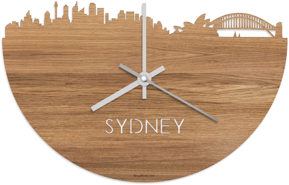 Skyline Klok Sydney Eikenhout - Ø 40 cm - Stil uurwerk - Wanddecoratie - Meer steden beschikbaar - Woonkamer idee - Woondecoratie - City Art - Steden kunst - Cadeau voor hem - Cadeau voor haar - Jubileum - Trouwerij - Housewarming - WoodWideCities