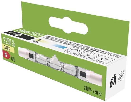 Doos van een lineaire halogeenlamp van 120W, 3000K, 2250lm, 230V, 78mm, met energielabel G.