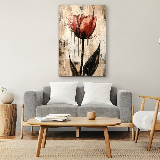tulp rouge expressive - Peinture sur toile de Tulip - Art mural fleur - Expressionnisme - Objet d'art - Art sur toile - toile 75x100 cm