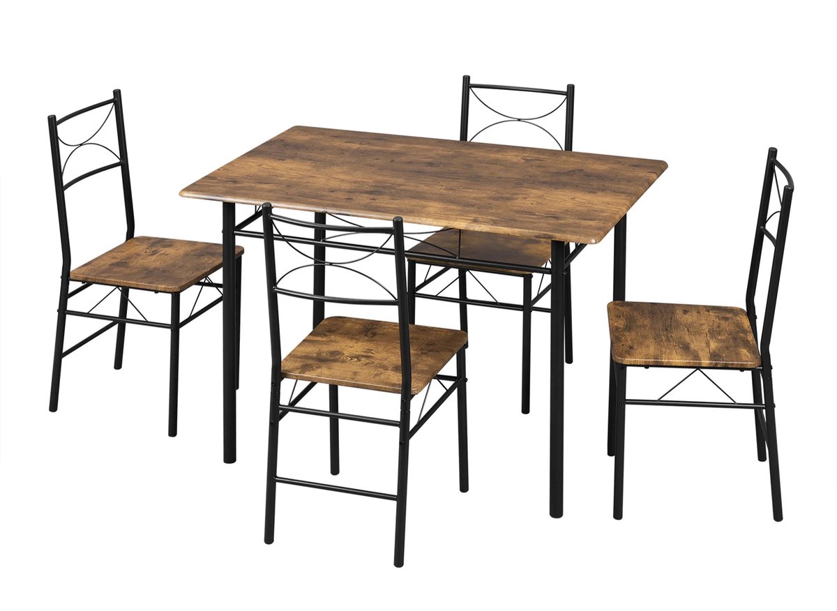 Mila Shop Eettafel - Eetkamerset - 4 Eetkamerstoelen - Stabiel - Metalen frame - Rustiek - Geschikt voor kleine ruimtes - Tafel 110 x 76 x 70cm - Stoel 38 x 88 x 45cm - Zwart/Bruin