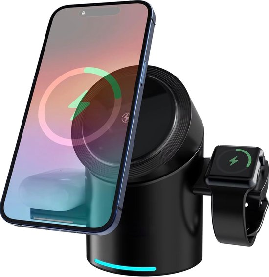 Oplader 3 in 1 draadloze Oplader Qi2 met Automatische rotatie Telefoonstandaard - Draadloze snellader Geschikt voor iPhone 16/16 Pro / 15 / 15 Pro /13/ 14 pro max - Wireless Charger - Qi Lader - Geschikt voor iPhone,iWatch & AirPods - Zwart