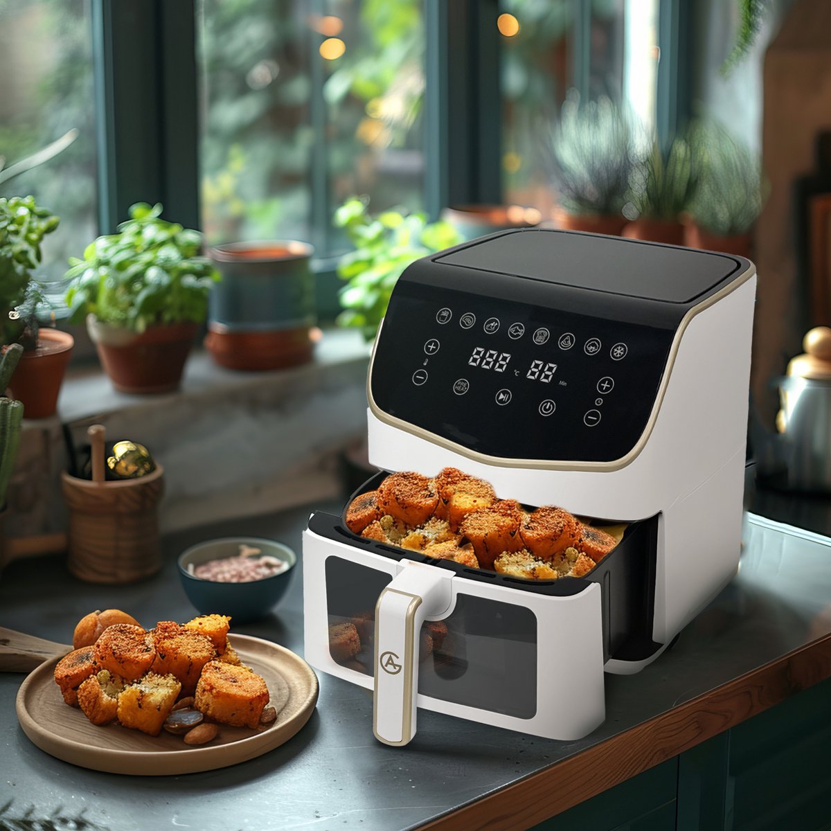 AG Airfryer XXL Premium - Wit- Luchtfriteuse - Anti-aanbak - Tot 8 personen- Vaatwasserbestendig - Met Receptenboek - Extreem Stil- Snelkooktechnologie - Digitaal Display - Tot 200°C - 8 Voorgeprogrammeerde standen. 7.5L — afbeelding 6