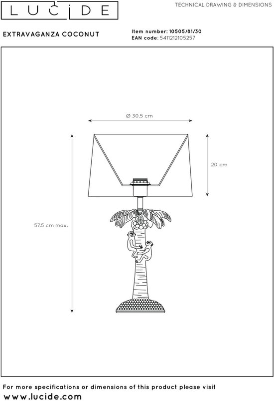 Technische tekening van de Extravaganza Coconut tafellamp met afmetingen.