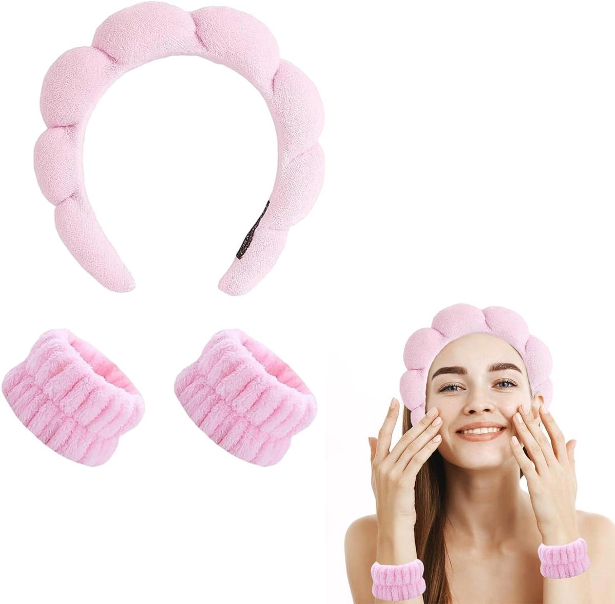 1 Stuk Mode Haarbanden voor Dames - Roze Haarband voor Spa, Make-up en Sport - Set van 2 Fleece Polsbanden voor Huidverzorging, Douche en Yoga