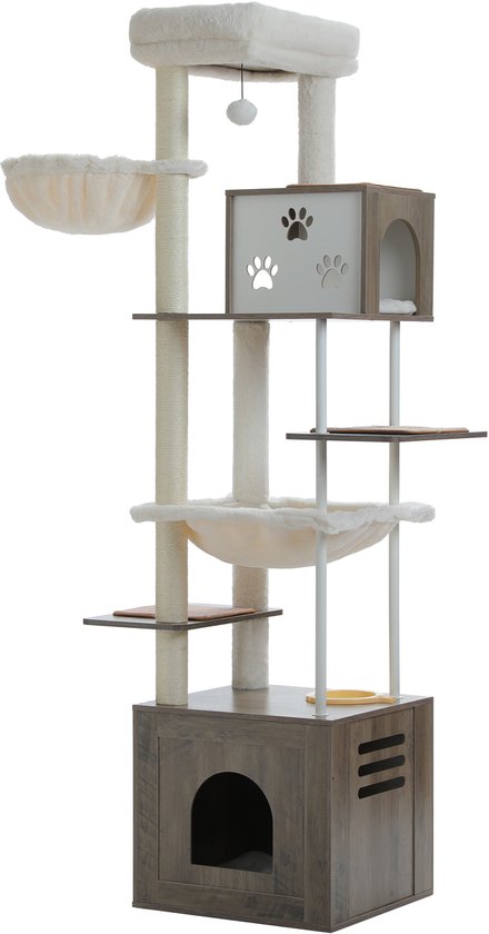 Multifunctionele krabpaal met meerdere verdiepingen, mandjes, platformen, huisje en speeltjes. Grijze houten basis met beige pluche.