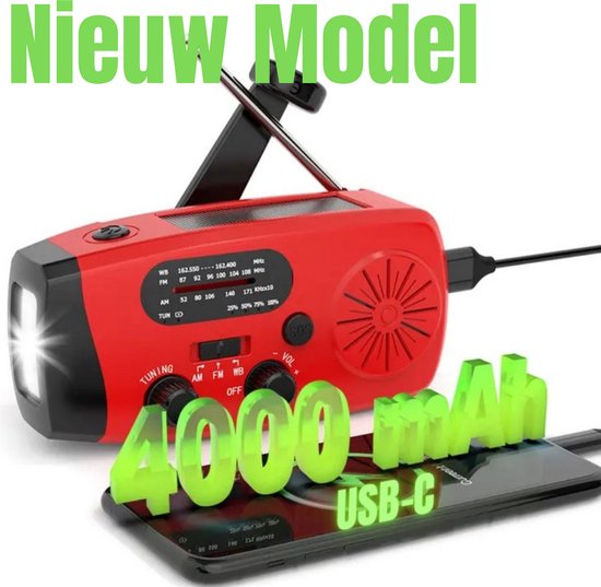 NIEUWSTE MODEL! Noodradio - 4.000mAh - USB C - Radio Op Batterijen (Accu) Voor Rampen - Radio Opwindbaar - Noodradio Solar Opwindbaar