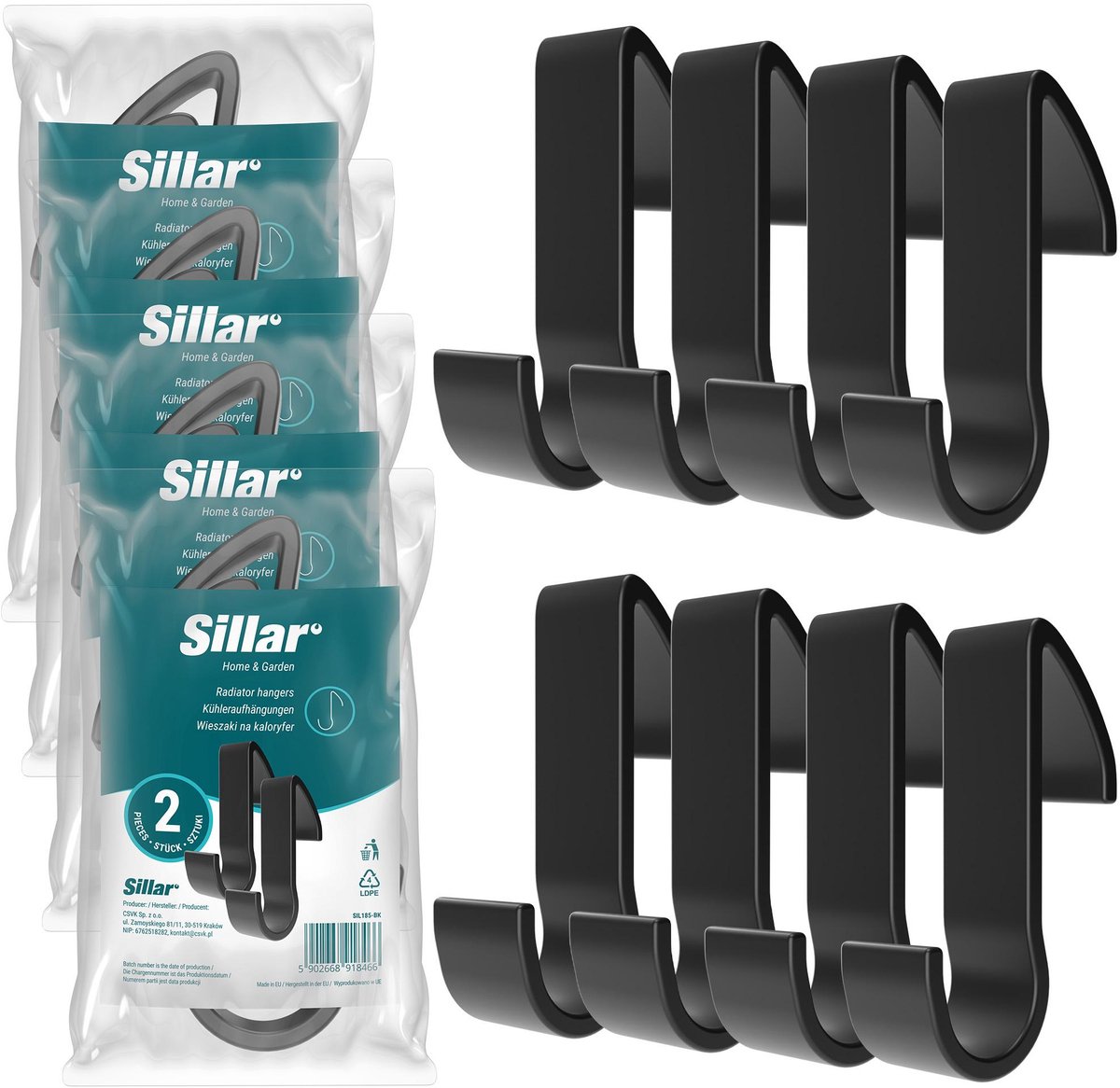Sillar, Haken, badkamer handgrepen, hangers voor radiator, radiator, kunststof, 95mm, 8 st