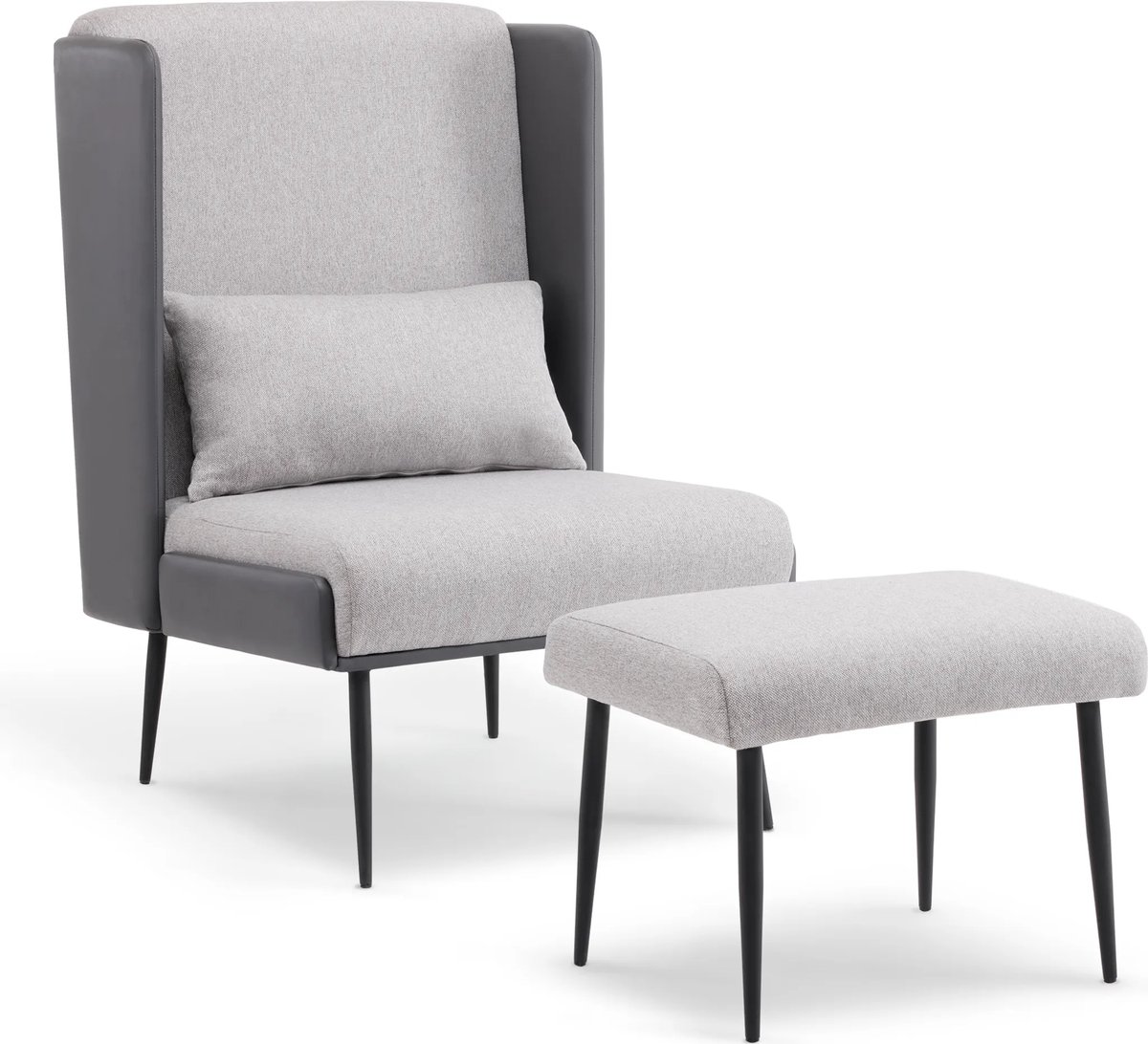 MCombo 4707 Oorfauteuil met Hocker – Grijs Kunstleer & Stof – Ergonomisch en Comfortabel – Geschikt voor Senioren