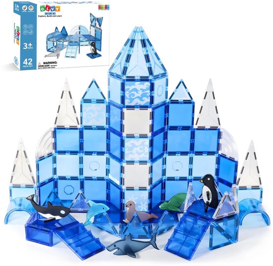 Foto: Magnetic tiles magnetisch speelgoed magnetische tegels educatief constructie montessori 42 stuks bouwstenen bouwblokken voor 3 4 5 6 7 8 9 jaar bouw je magna wereld kinderen olvy