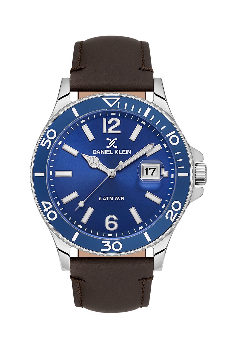 Daniel Klein DK.1.13905-2 - Horloge - Polshorloge - Analoog - Mannen - Heren - Leren band - Rond - Metaal - Streepjes - Cijfers - Datumaanduiding - DonkerBruin - Zilverkleurig - DonbkerBlauw