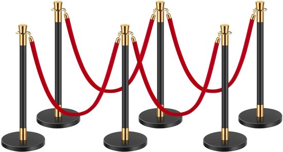 Poteaux en acier inoxydable, 6 pièces, avec 4 Touwen en velours rouge, pour fêtes et théâtres, Zwart