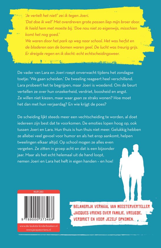 Boekcover met tekst 'Je vertelt het niet!' en een silhouet van twee mensen bij een boom.